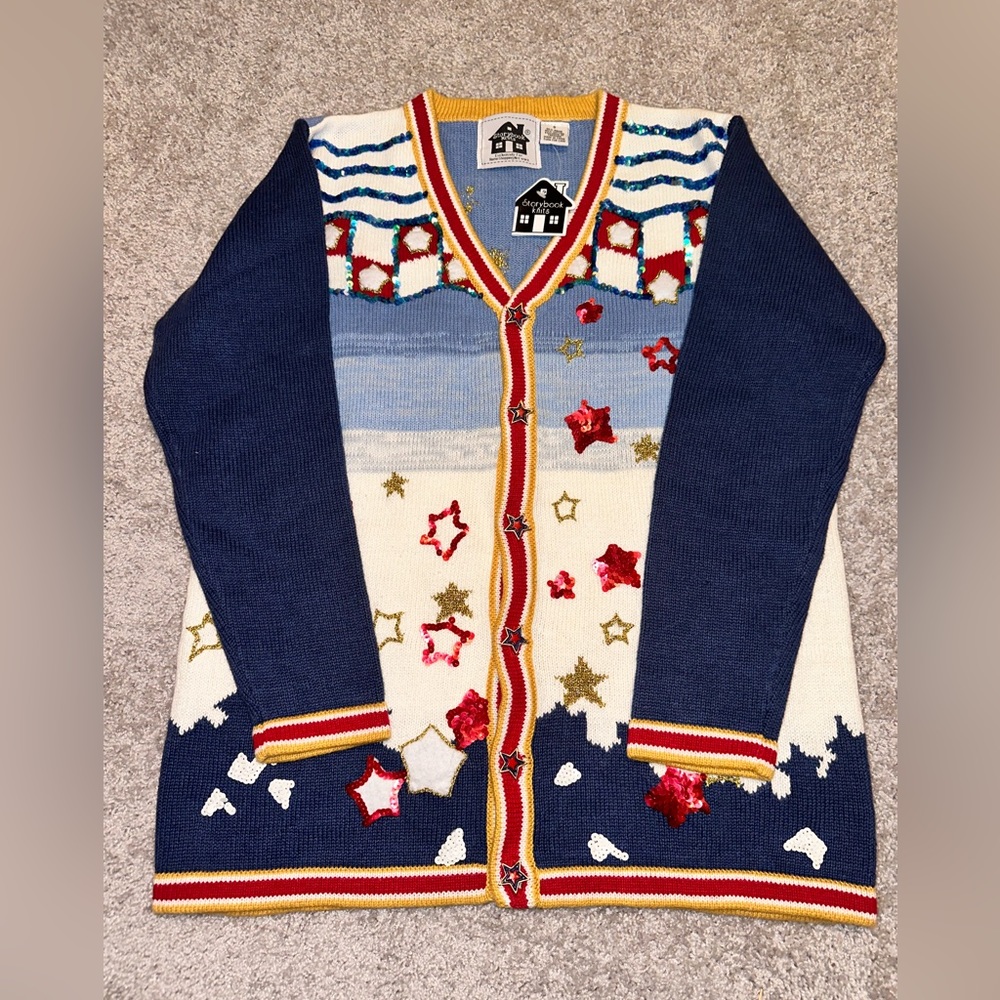 Storybook Knits S Cardigan Patriotic Stars Stripe Red White Blue July 4th NWT